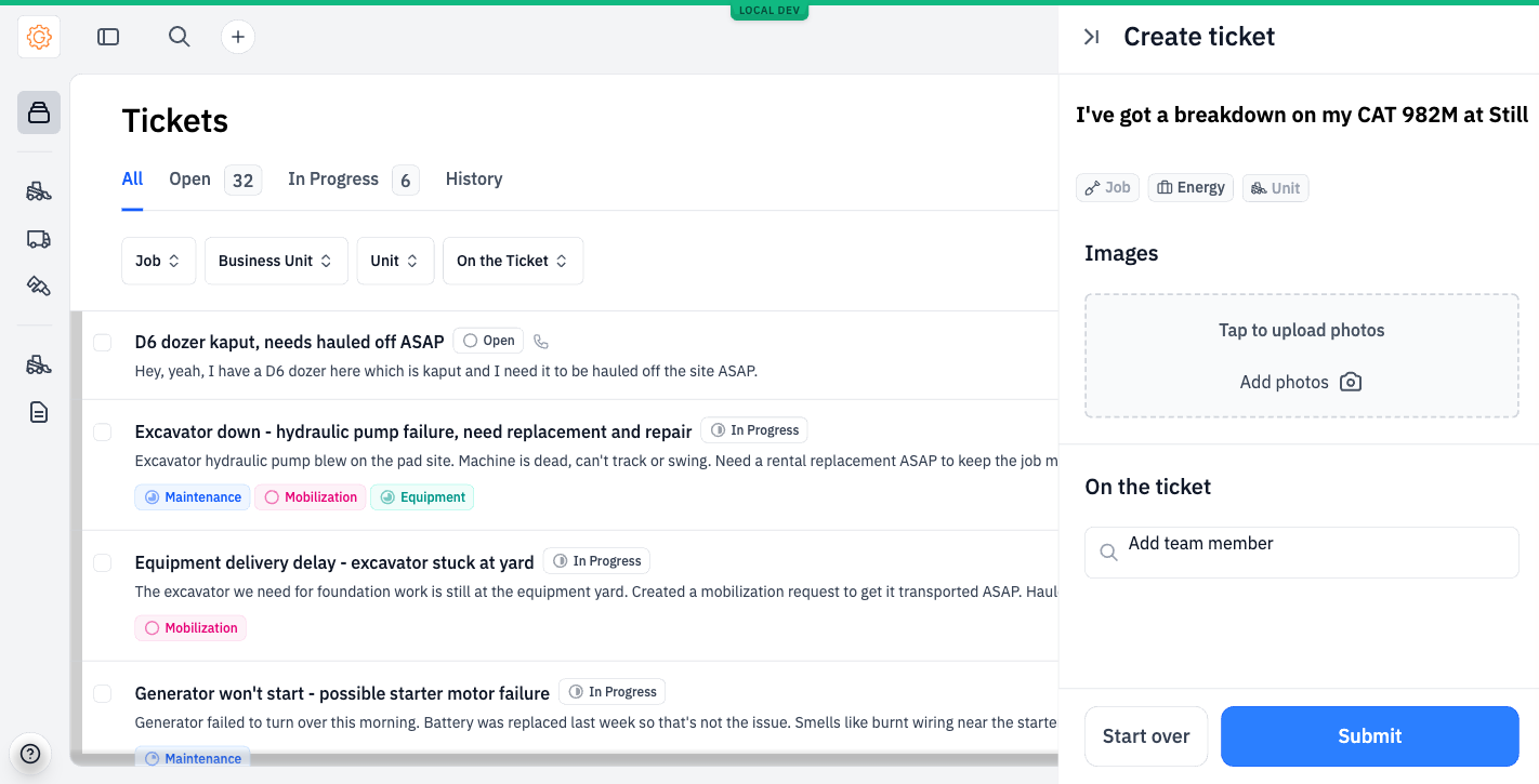 Create ticket panel with the description set as title, suggested tags (Job, Energy, Unit), and fields for images and team members.