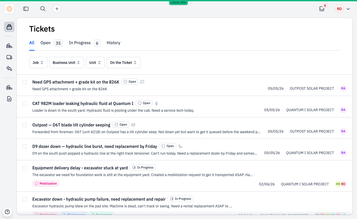 The Tickets list view with All / Open / In Progress / History tabs. Rows show titles, status pills, source icons, dates, jobs, and the avatars of the people on each ticket.