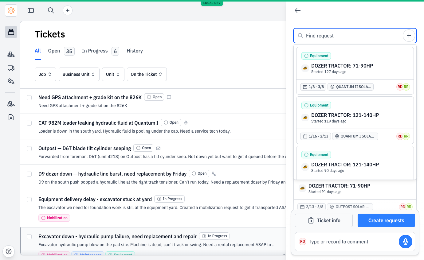 The Find request combobox open, showing existing equipment requests scoped to the same user's organization. Each row shows the asset, status, and job.
