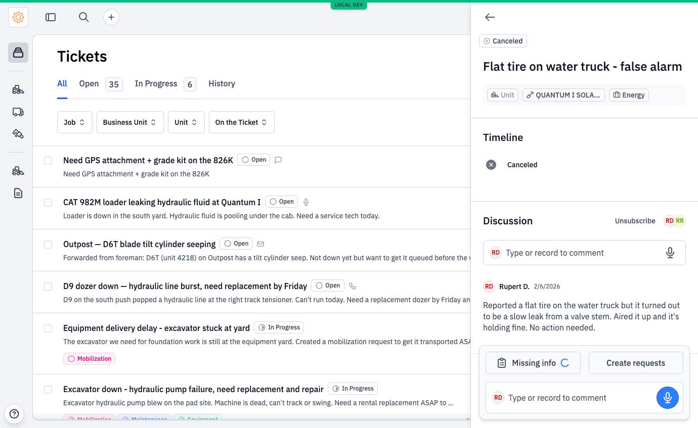 A Canceled ticket detail panel with the gray Canceled status pill, title 'Flat tire on water truck - false alarm', a one-message discussion thread, and Missing info / Create requests buttons at the bottom.